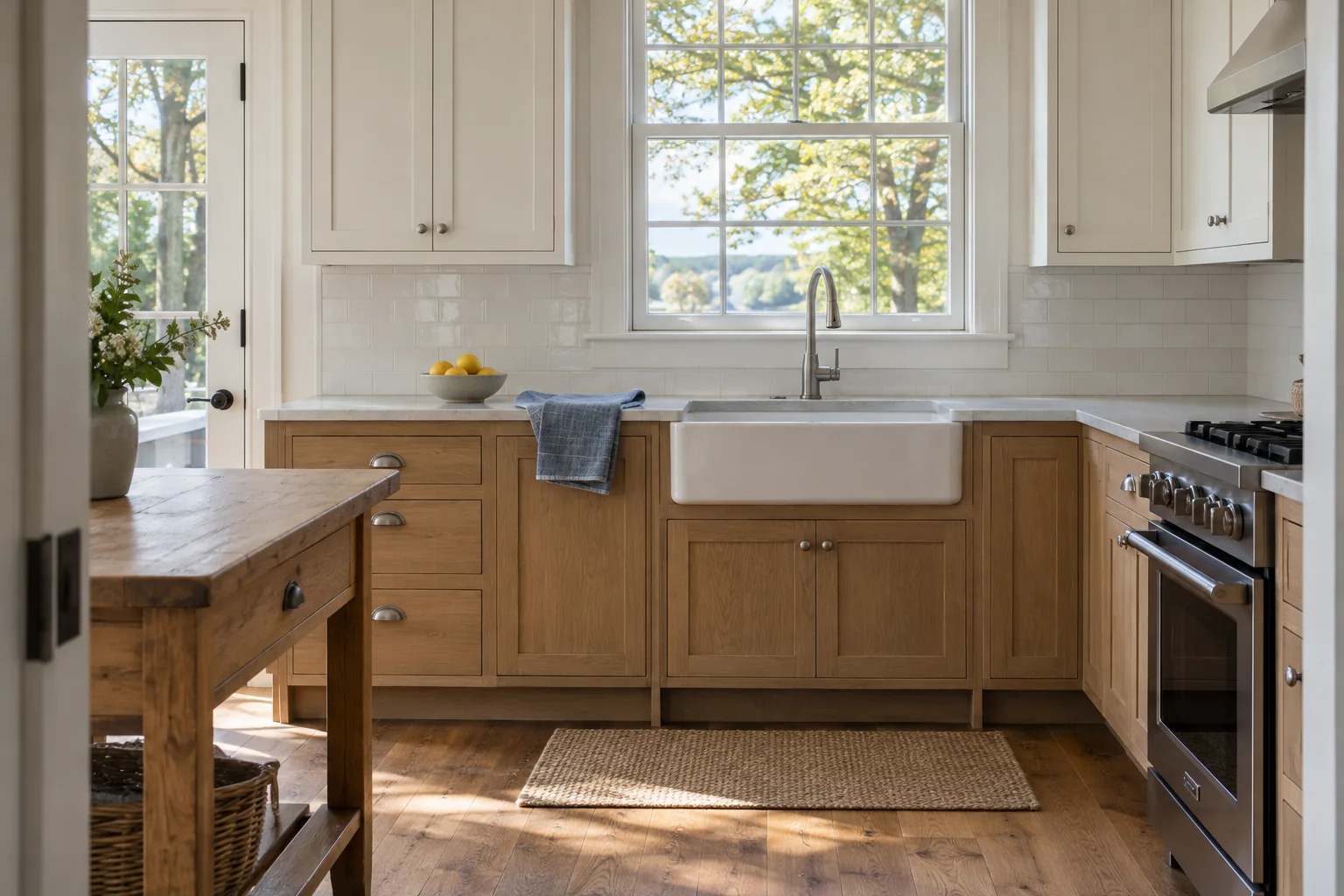 Coastal kitchen with white tile, warm wood and natural light