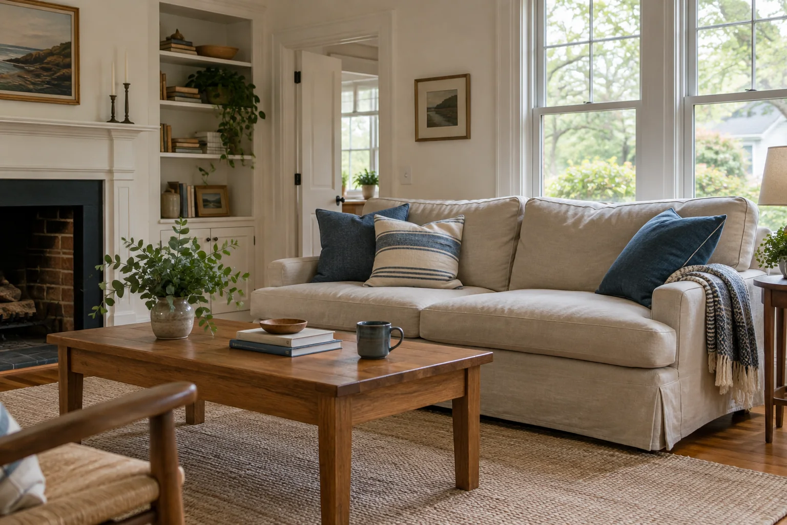 Coastal living room with warm wood finishes
